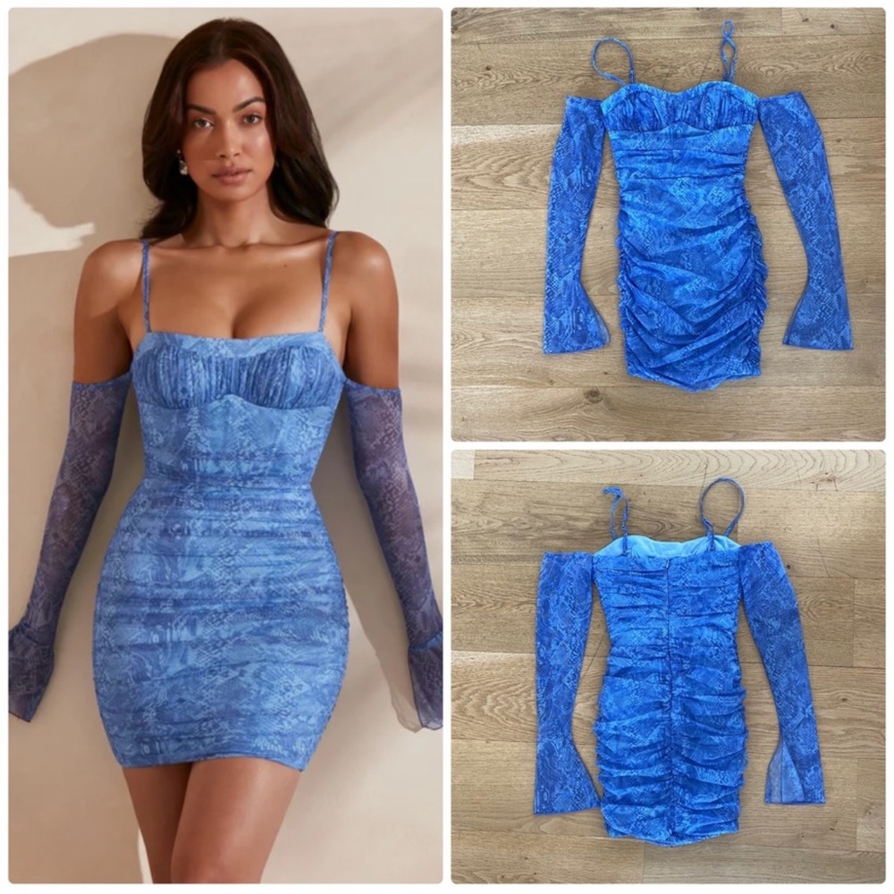 Oh Polly Honor Off Shoulder Mini Dress in Blue Print